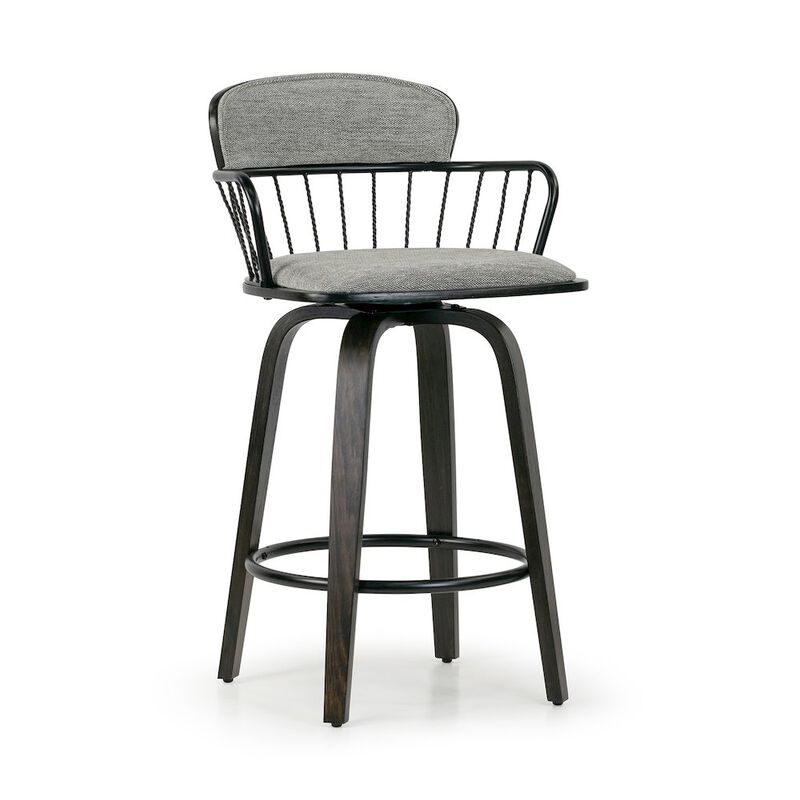 Glamour Home Set of 2 Baker Gray Fabric Counter Stool with Black Iron Back and Wood Legs