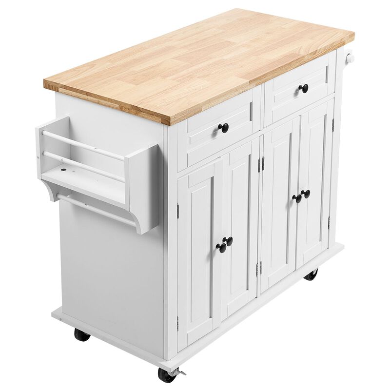 Rolling Kitchen Island Cart with Wood Top, Drawer, Cabinet, Spice & Towel Rack