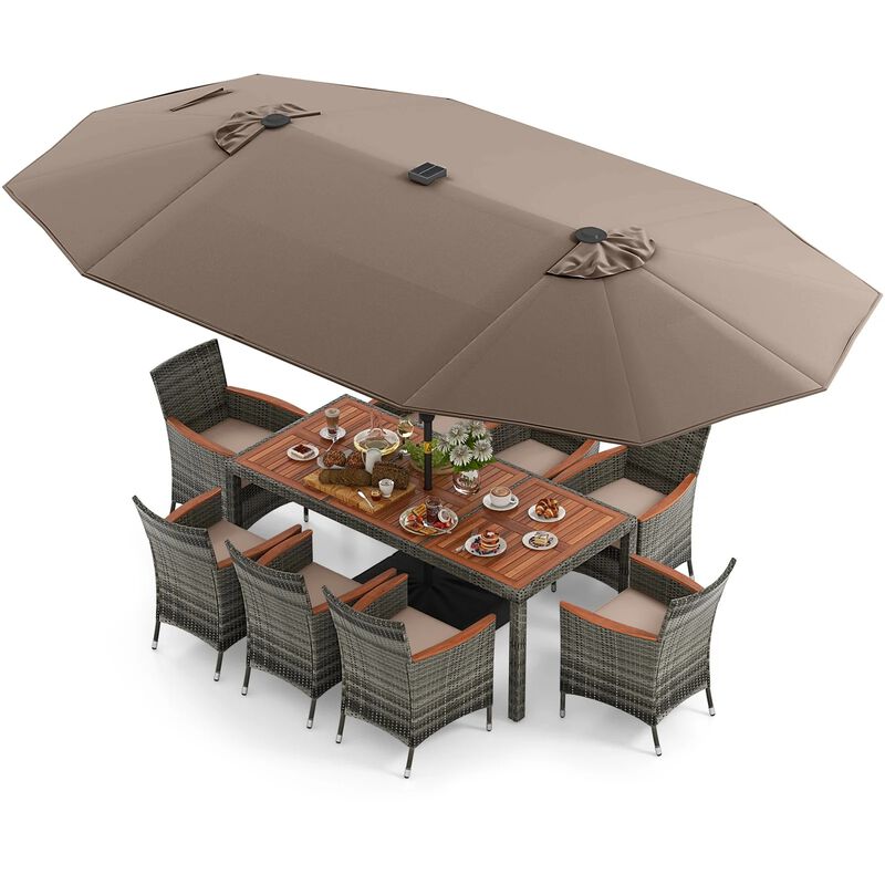 Mondawe 9-Piece Patio Dining Set,71" Acacia Table With 15ft Solar LED Umbrella & PE Rattan Chairs