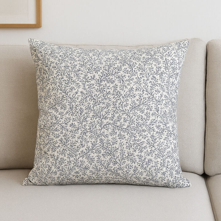 HomeRoots 22" Cream And Indigo Botanical Linen Throw Pillow Cover with Embroidery