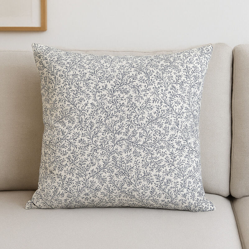 HomeRoots 22" Cream And Indigo Botanical Linen Throw Pillow Cover with Embroidery image number 1