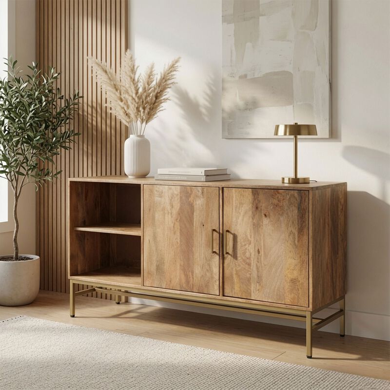 Lysa 50 Inch Sideboard Buffet Cabinet with Open Shelves, Gold Iron Base, Natural Brown Mango Wood image number 5