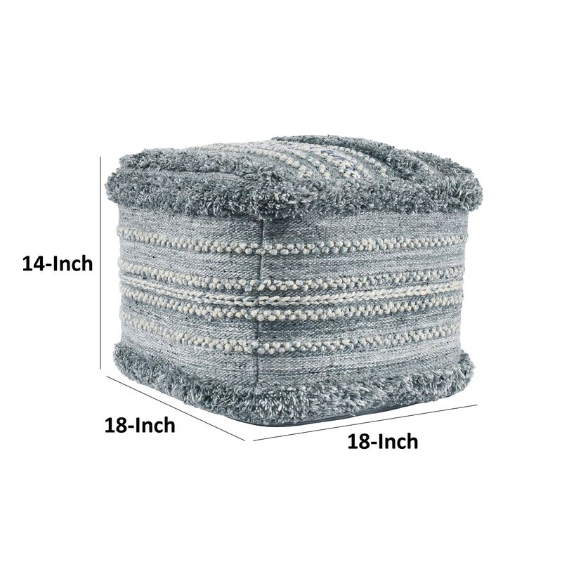 Kobi Square Ottoman Pouf, 18 Inch Blue Polyester, Boho Knitted Texture - Benzara