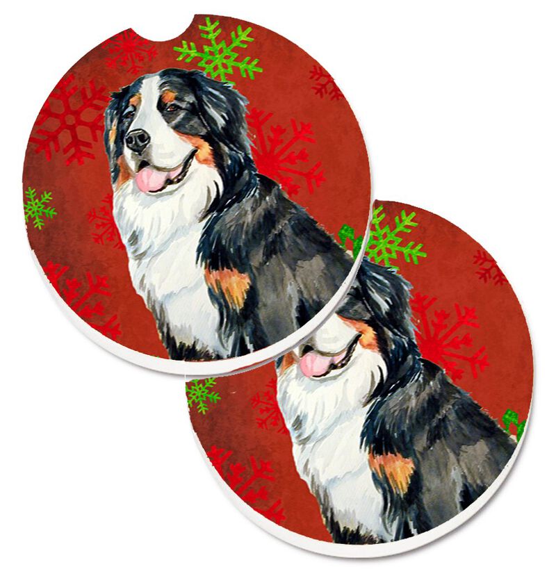 Caroline's Treasures Bernese Mountain Dog Red green Snowflakes Holiday Christmas Set of 2 Cup Holder Car Coasters LH9334CARC, 2.56, Multicolor image number 0