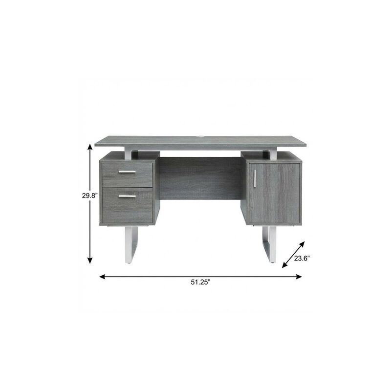 HomeRoots 51" Gray and Silver Wood and Steel Pedestal Executive Desk With Two Drawers image number 6