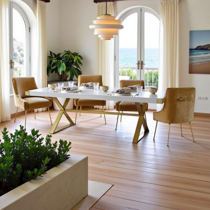 Starlight Canyon Home White Wood Dining Table With Gold Stainless Steel Base And Modern Design