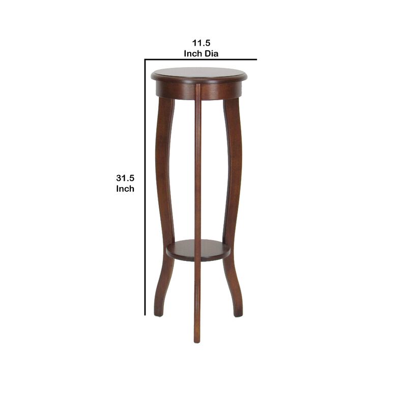 31.5 Inch Round Pedestal Stand with Open Bottom Shelf and Flared Legs,Brown-Benzara