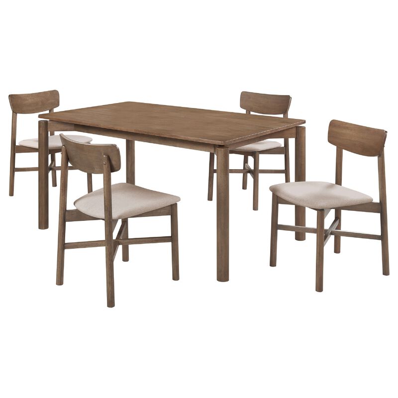 Rida 5pc Dining Table Set w 4 Upholstered Chairs, Natural Walnut Brown - Benzara