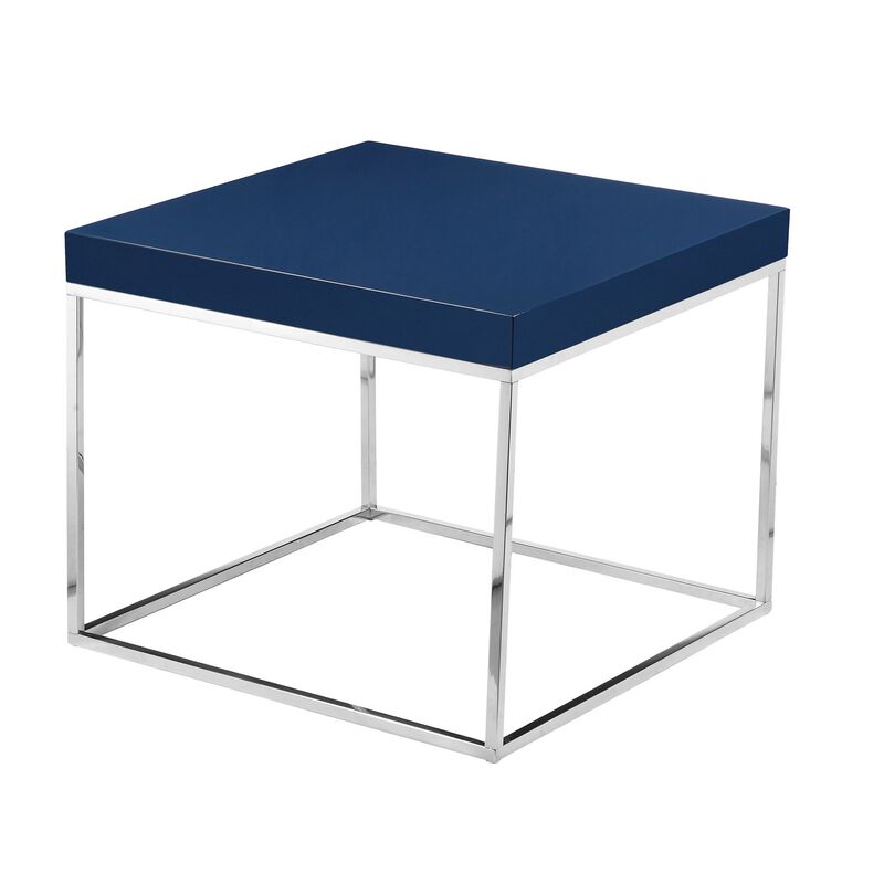 Zen 24 Inch Side End Table, Square, Polished Blue Top, Chrome Metal Finish