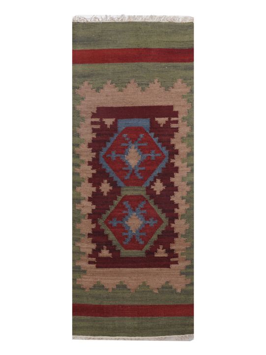 Rugsotic Carpets Hand Woven Flat Weave Kilim Wool 2'6"x8' Runner Area Rug Burgundy Olive D00121
