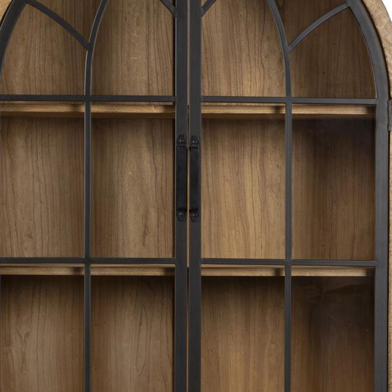 Veria China Cabinet, 2 Door Arch Frame, Antique Natural Brown, 83 Inch - Benzara