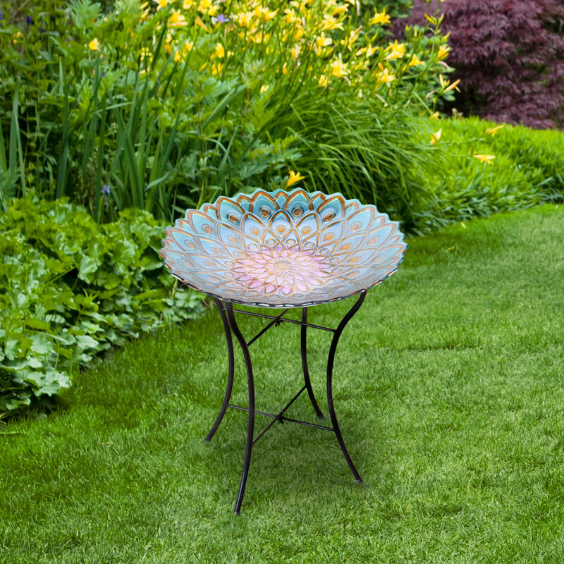 Teamson Home - Outdoor 18 Inch Handpainted Mosaic Flower Fusion Glass Bird Bath w/ Stand