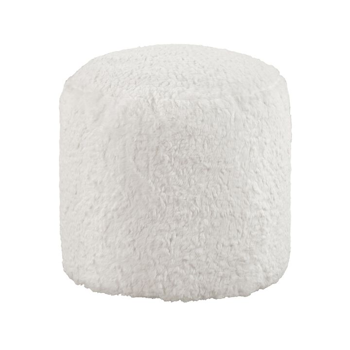 Modern Pouf Ottoman, 16 Inch Round w Fluffy Off White Faux Fur Texture