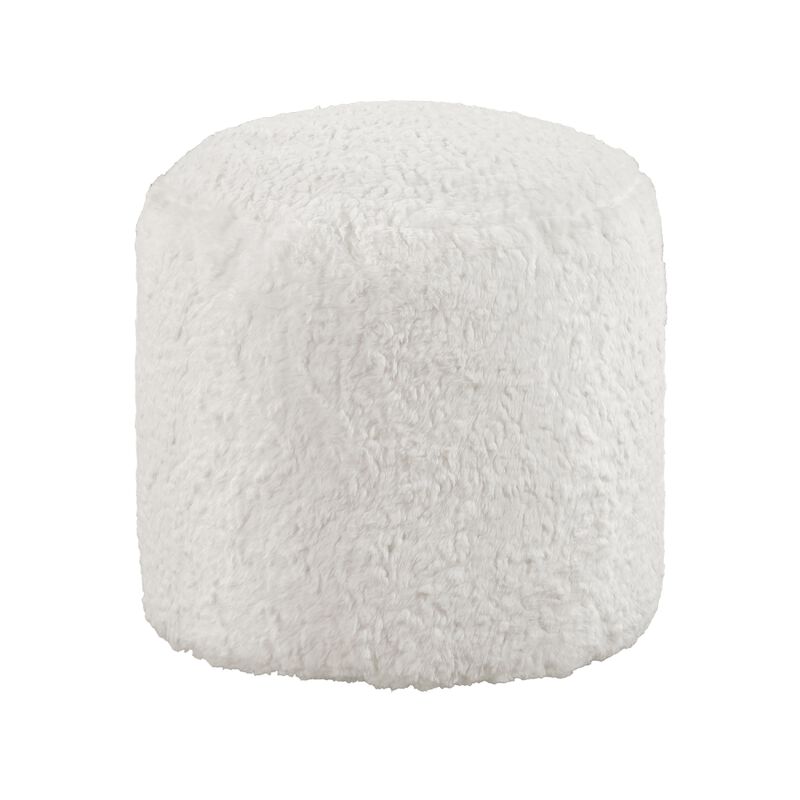Modern Pouf Ottoman, 16 Inch Round w Fluffy Off White Faux Fur Texture