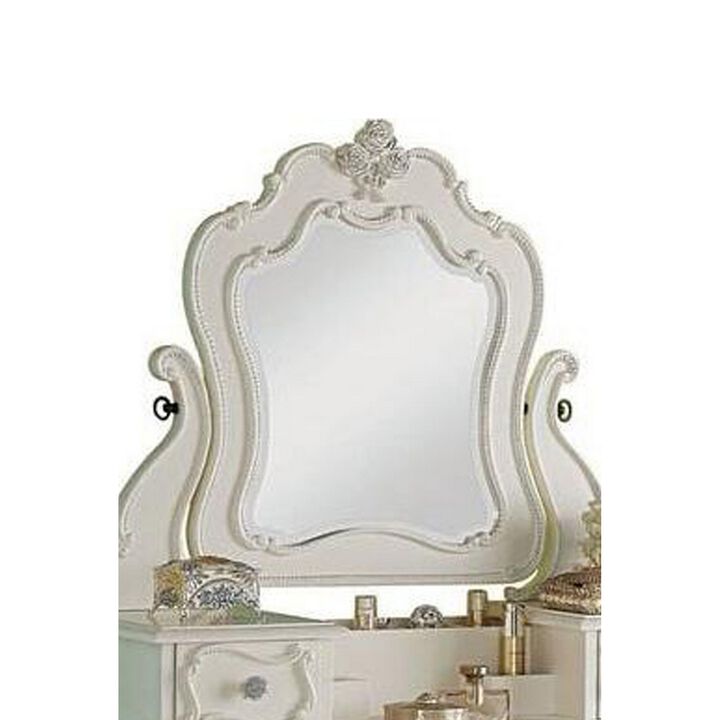 63 Inch Wood Classic Vanity Desk with Mirror, 3 Drawers, Carved, White - Benzara