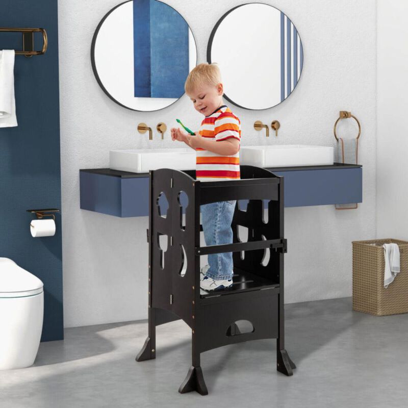 Hivvago Folding Wooden Step Stool with Lockable Safety Rail for Toddler 3+