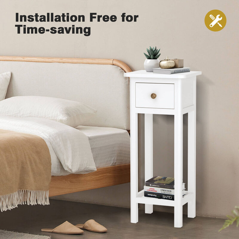 2 Tier Slim Nightstand Bedside Table with Drawer Shelf