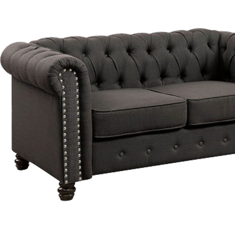 Fabric Upholstered Chesterfield Loveseat with Nailhead Trims, Gray-Benzara