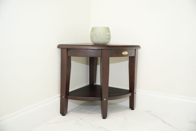 DecoTeak SnazzyCorner 18" Teak Wood Wide Corner Shower Bench with Shelf in Woodland Brown Finish