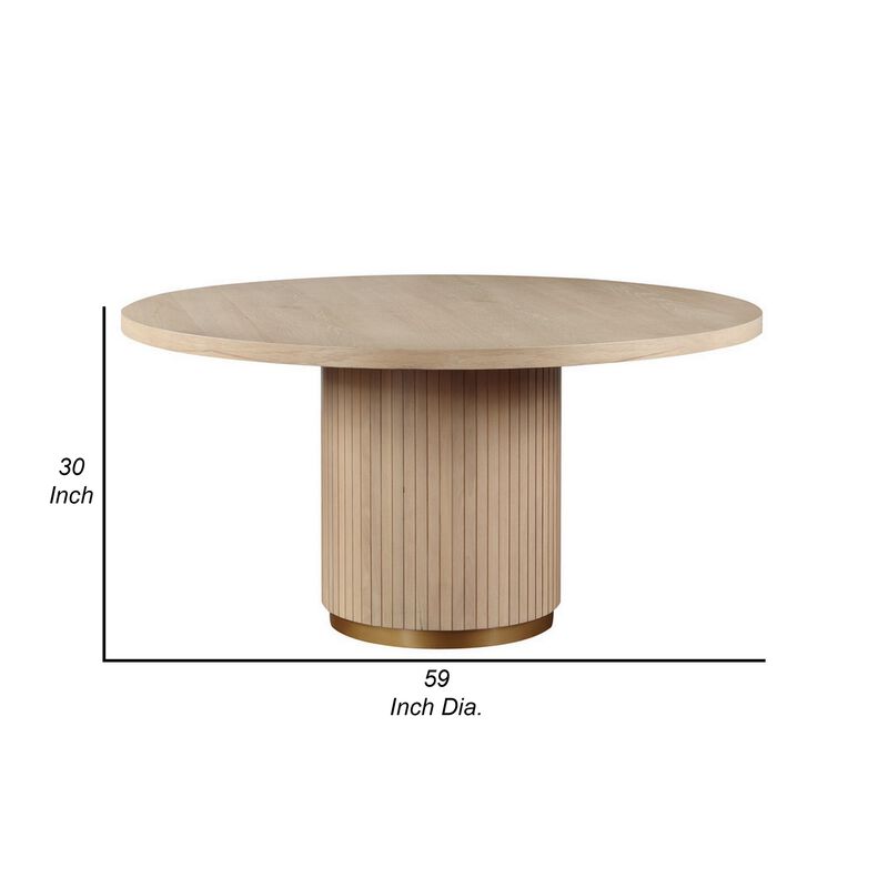 Emi 59 Inch Dining Table, Round Top and Pedestal Base, Rustic Brown, Gold