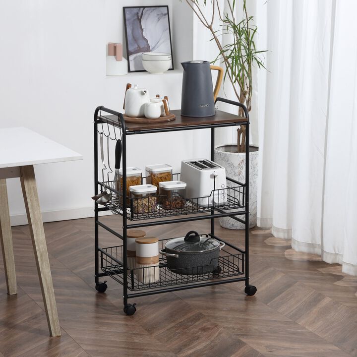 24" 3-Tier Rolling Kitchen Cart, Utility Storage Trolley with 2 Basket Drawers, Side Hooks for Dining Room, Walnut Wood Tone