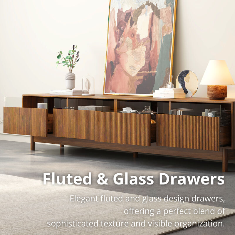Merax TV Cabinet with Fluted Glass Drawers, Visible Storage, Family-Friendly Rounded Corners image number 2