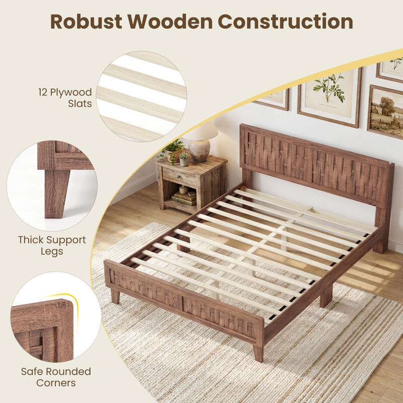 Wooden Bed Frame with Woven Accent Headboard for Modern Bedroom-Walnut image number 6