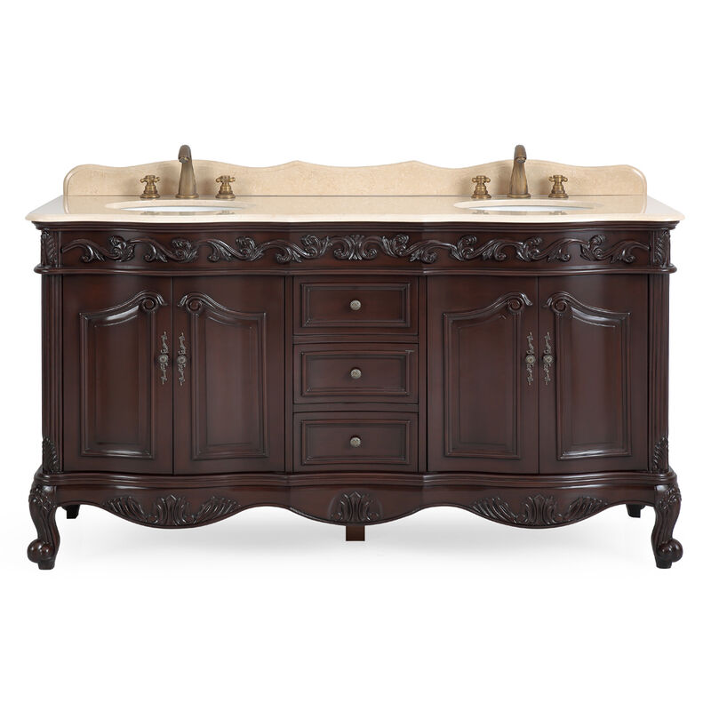 64 Inch Cherry Brown Traditional Style Double Sink Cream Marble Top Beckham Bathroom Vanity image number 0