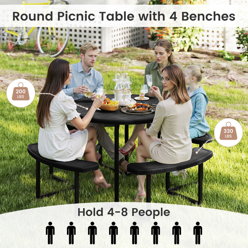 Round Picnic Table Set with 4 Benches and Umbrella Hole &ndash; Outdoor Patio Dining