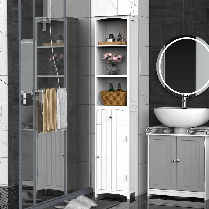 Tall Bathroom Organizer: 67" White Freestanding Linen Tower Cabinet