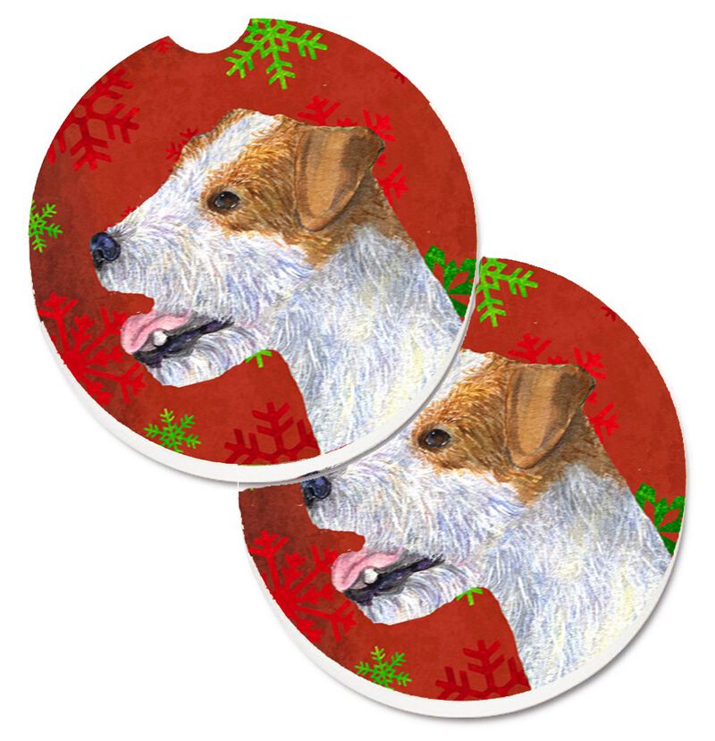 Caroline's Treasures Jack Russell Terrier Red green Snowflakes Holiday Christmas Set of 2 Cup Holder Car Coasters SS4711CARC, 2.56, Multicolor image number 0