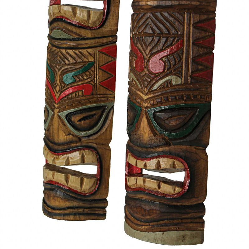 Set of 2 Tiki Mask Bat and Owl Totem Hand Carved Wall Decor Sculpture 24 Inch image number 2