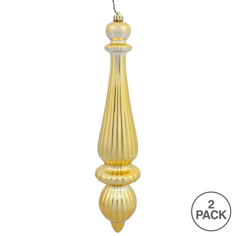 Vickerman 14" Shiny Finial Drop Ornament, Shatterproof Plastic, UV Resistant Christmas Tree Decoration, 2 Pack, Gold image number 2