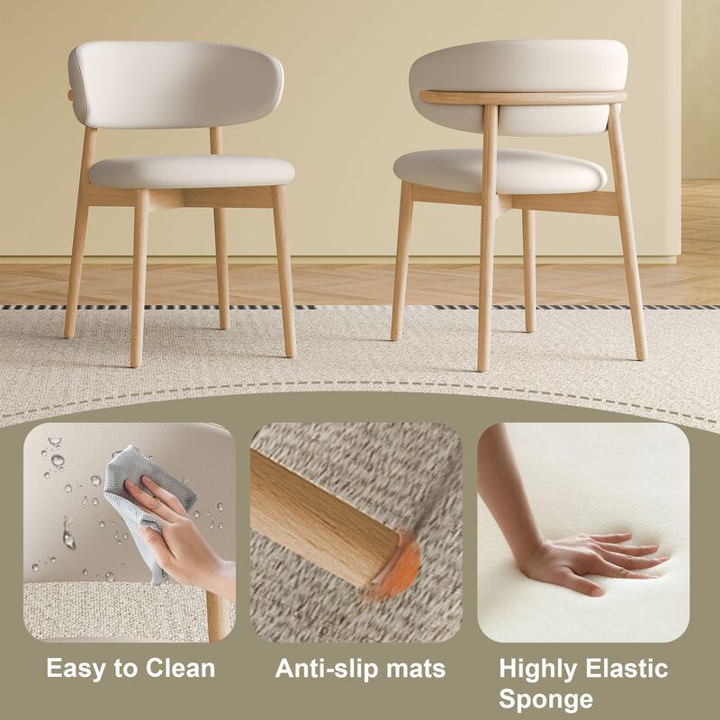 Mid Century Modern Dining Chair Set of 2 with Natural Wood Legs White PU Upholstered Chairs for Kitchen and Dining Room