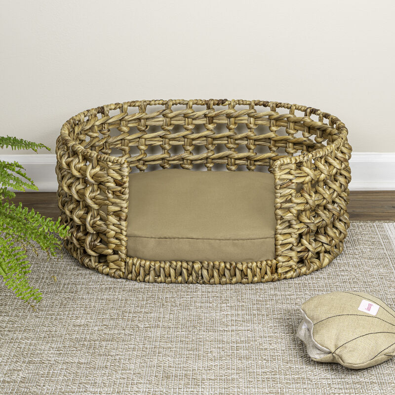 Gigi Modern Bohemian Handwoven Hyacinth Open-Weave Oval Pet Bed with Machine-Washable Cushion