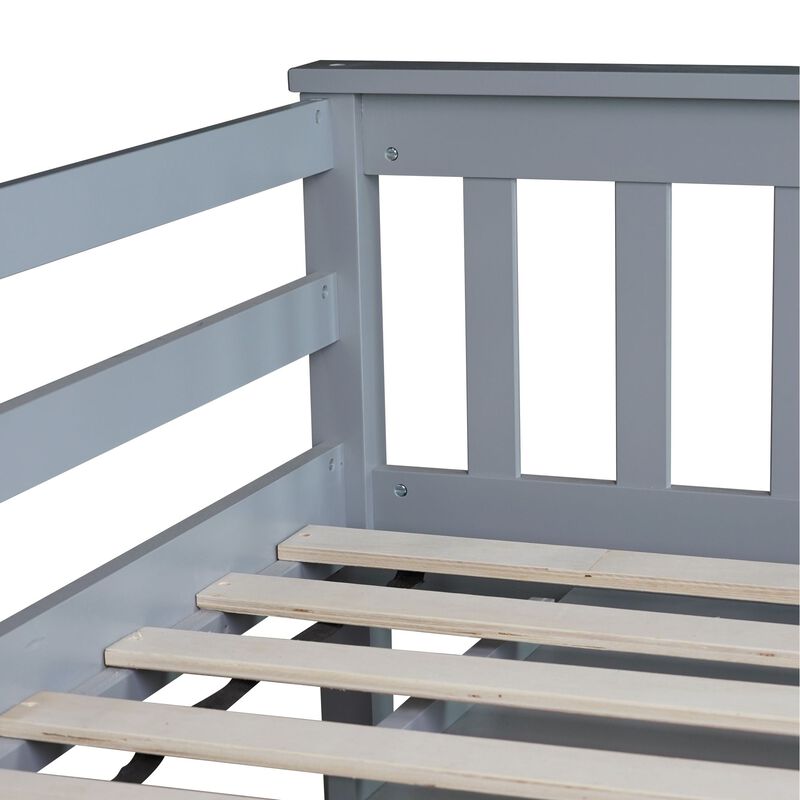 Whisen Twin Loft Bed with Drawers, Built-in Cabinet and Pulling-Out Desk, Rubber Wood Loft Bed with Safety Guardrail and Ladder - Gray