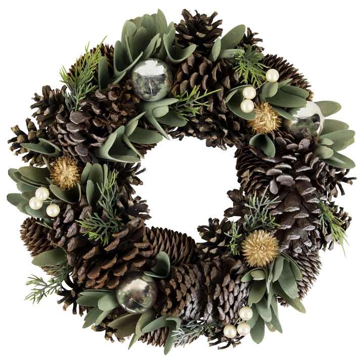 Silver and Green Mixed Foliage and Pinecone Christmas Wreath  13.5-Inch  Unlit