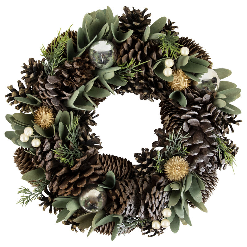 Silver and Green Mixed Foliage and Pinecone Christmas Wreath  13.5-Inch  Unlit image number 0