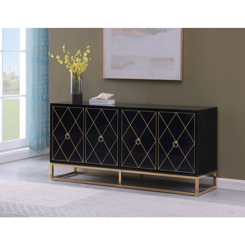 Best Master Furniture Senior 64" Lacquer Wood 4-Compartment Sideboard, Gold Accents - Black image number 1