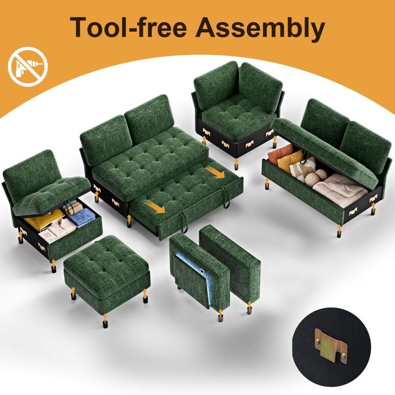 102" L-Shaped Chenille Modular Sectional Sleeper Sofa with Pullout Bed, Reclining Backrest, USB image number 7