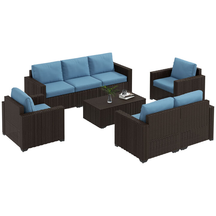 Outsunny 5 Piece Wicker Patio Furniture Set with Thick Padded Cushions, Outdoor PE Rattan Sectional Furniture Conversation Sofa Set, Sofa, Chairs, Loveseat and Coffee Table, Blue
