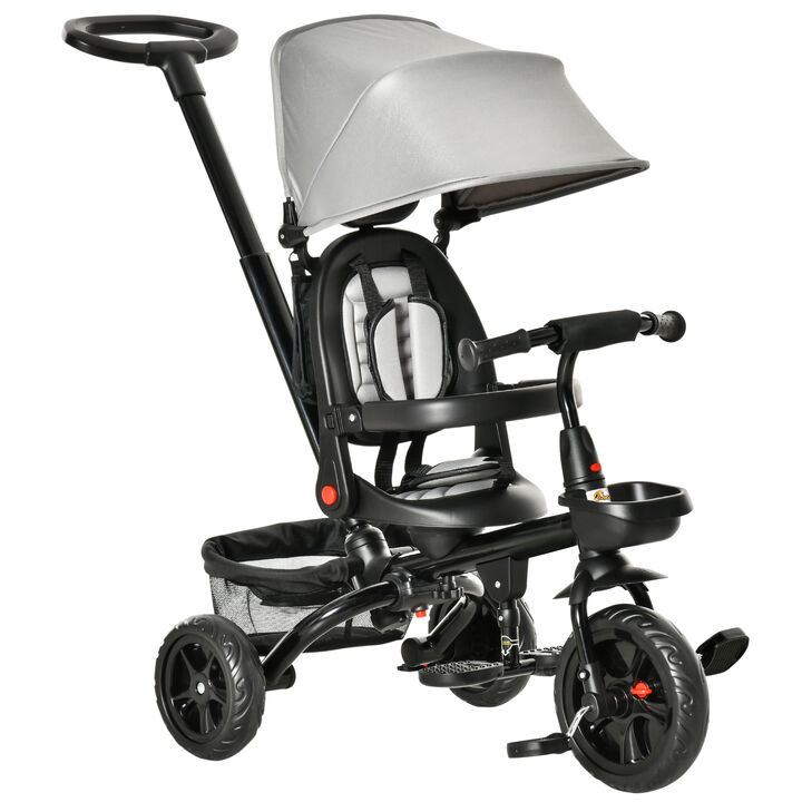 BreeBe Kids Tricycle, 4 in 1 Foldable Trike with Reversible Seat, Adjustable Parent Handle, Safety Harness, Wheel Brakes, Removable Canopy, Storage