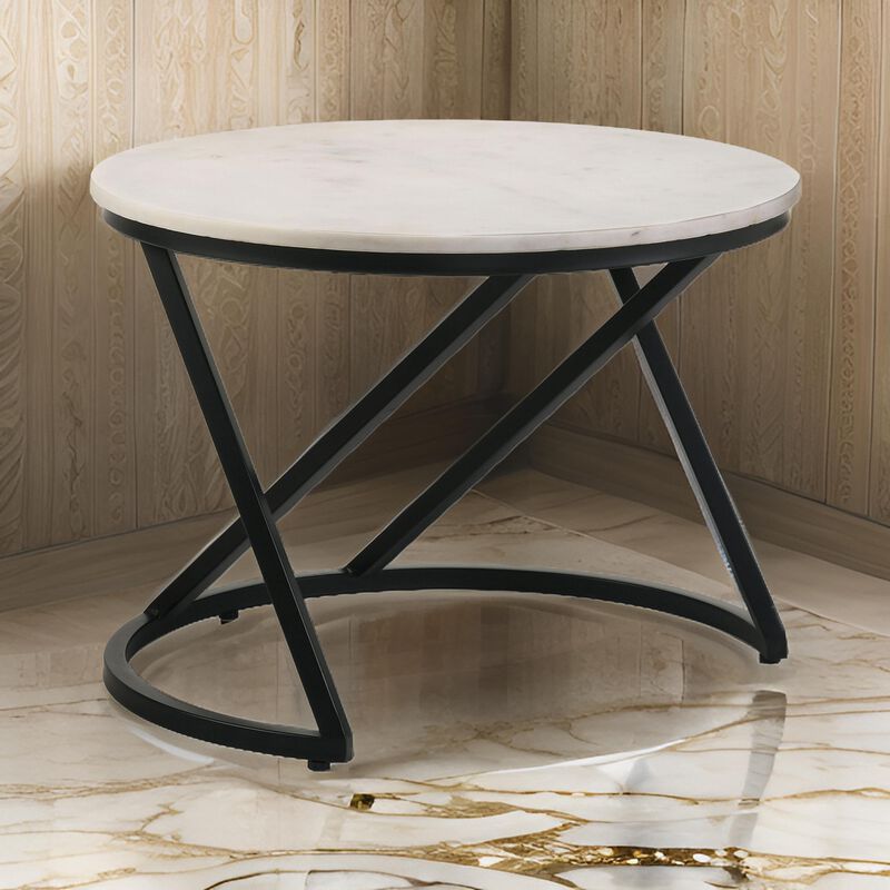 24 Inch Accent Coffee Table, White Marble Top, C Base, Black Metal Finish