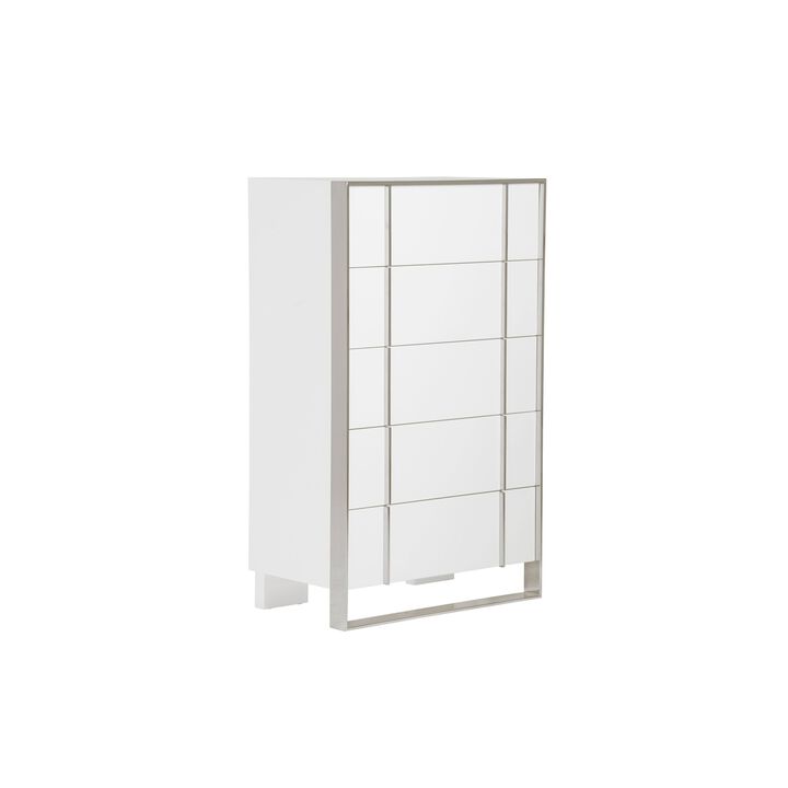 Cid Xato Tall Dresser Chest, Glossy White Wood and Steel, 5 Drawers, 55 Inch - Benzara