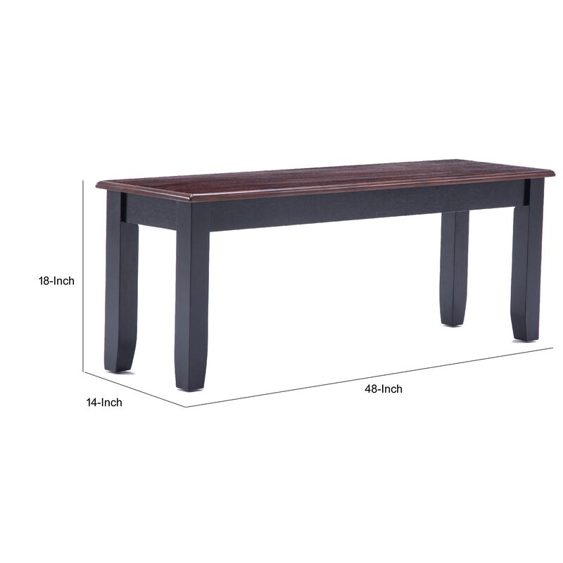 Zoy 48 Inch Wood Dining Bench, Cherry Brown Top, Classic Black Tapered Legs - Benzara