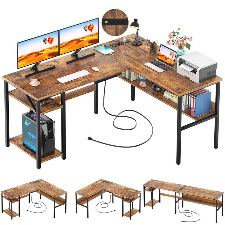Unikito L Shaped Computer Desk with Magic Power Outlets and USB Charging Ports, Sturdy Reversible Corner Desk with Storage Shelv