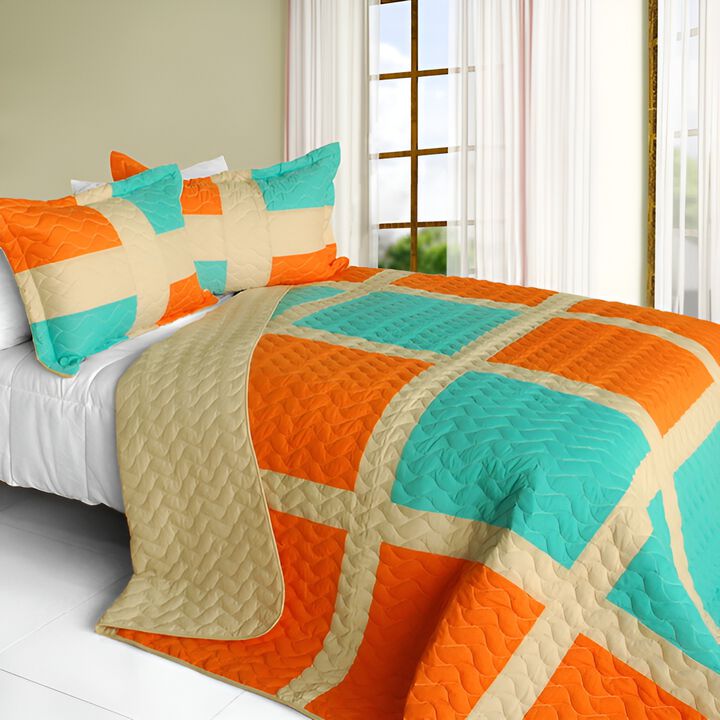 Patchwork Quilt Set 3 Piece with Vermicelli Quilting Decorative Bedspread-Beige