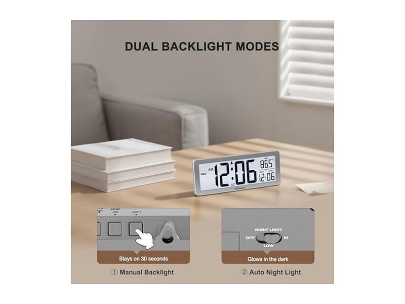 Digital Backlight Temperature Date Day Wall Clock 5 Inch Black Battery Operated image number 3