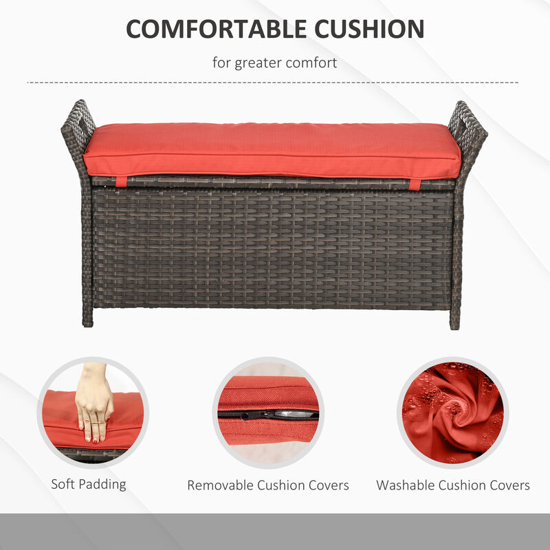 Outsunny 27 Gallon Patio Wicker Storage Bench, Outdoor PE Rattan Patio Furniture, 2-In-1 Large Capacity Rectangle Garden Storage Box with Handles and Cushion, Red