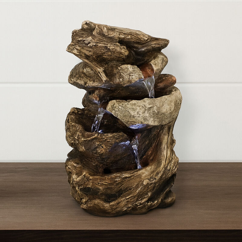 Sunnydaze Tiered Rock and Log Indoor Water Fountain with LEDs - 10.5 in